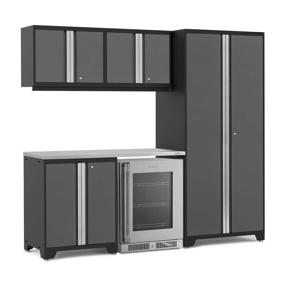 Modular Garage Cabinet Set With Tall Storage Base Cabinet And Built In Stainless Beverage Fridge Below Wall Cabinets