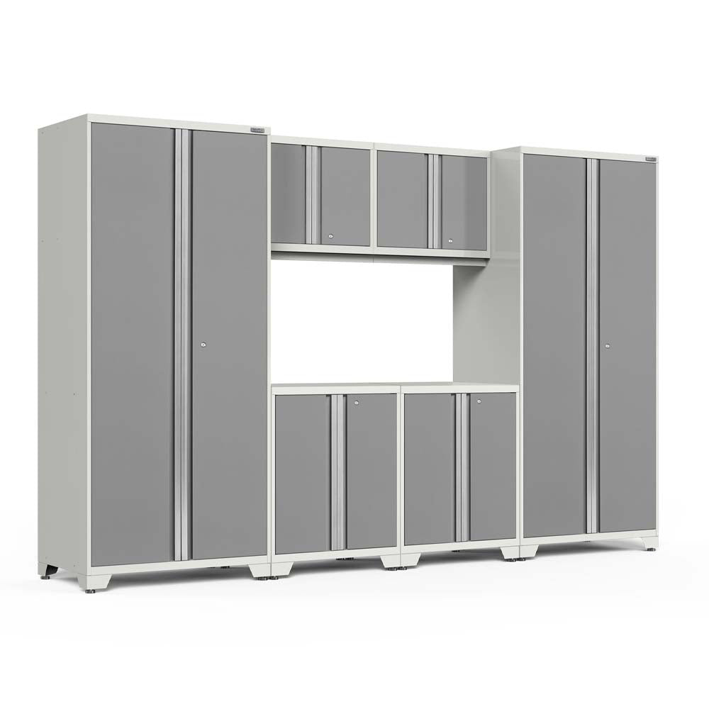 Modular Garage Cabinet Set With Tall Storage Towers And Open Center Workspace