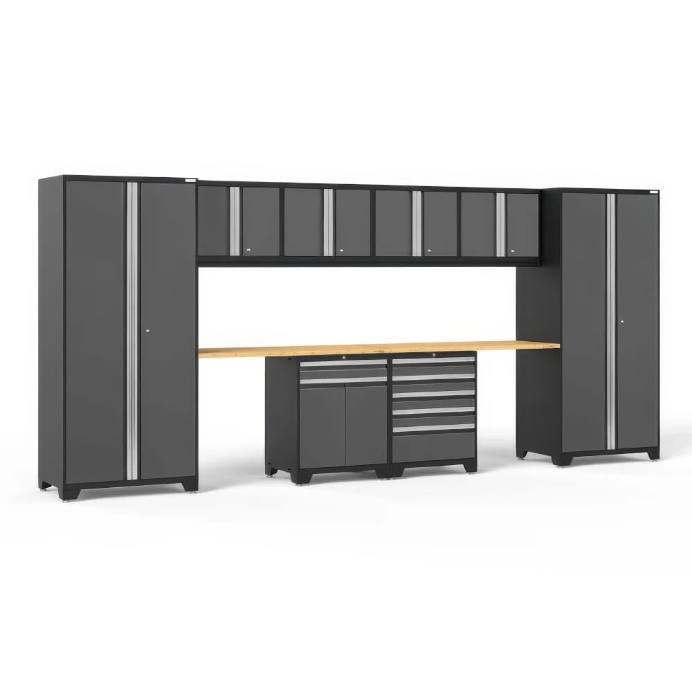 Modular Garage Cabinet Set With Two Tall Towers Overhead Gray Wall Cabinets And A Long Wood Worktop Above Base Drawers And Doors