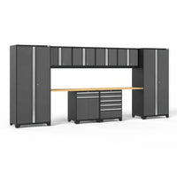 Modular Garage Cabinet Set With Two Tall Towers Overhead Gray Wall Cabinets And A Long Wood Worktop Above Base Drawers And Doors