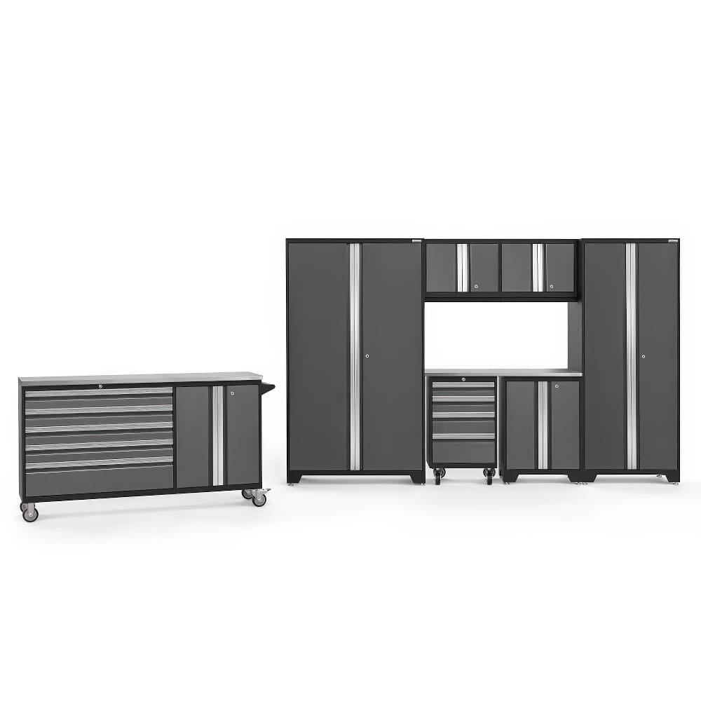 Modular Garage Cabinet System Featuring Tall Lockers Upper Storage Cabinets Lower Cabinets With Drawers And A Separate Rolling Tool Chest