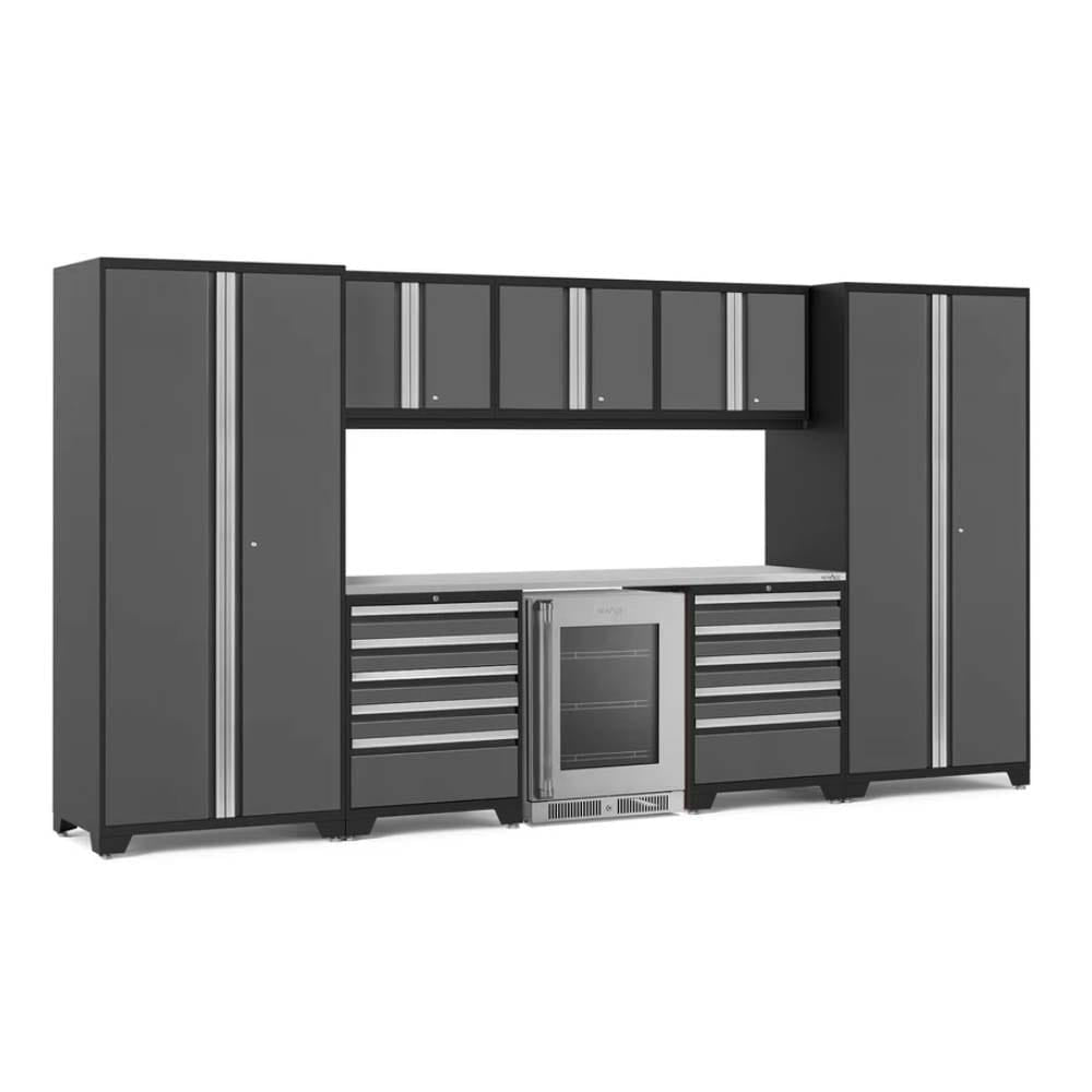 Modular Garage Cabinet System Featuring Two Tall Lockers Upper Wall Cabinets A Stainless Steel Countertop Drawer Units And A Built-In Glass-Door Beverage