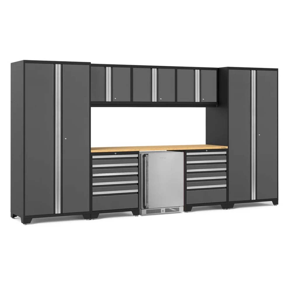 Modular Garage Cabinet System Featuring Two Tall Lockers Upper Wall Cabinets A Wooden Countertop Drawer Units And A Built-In Door