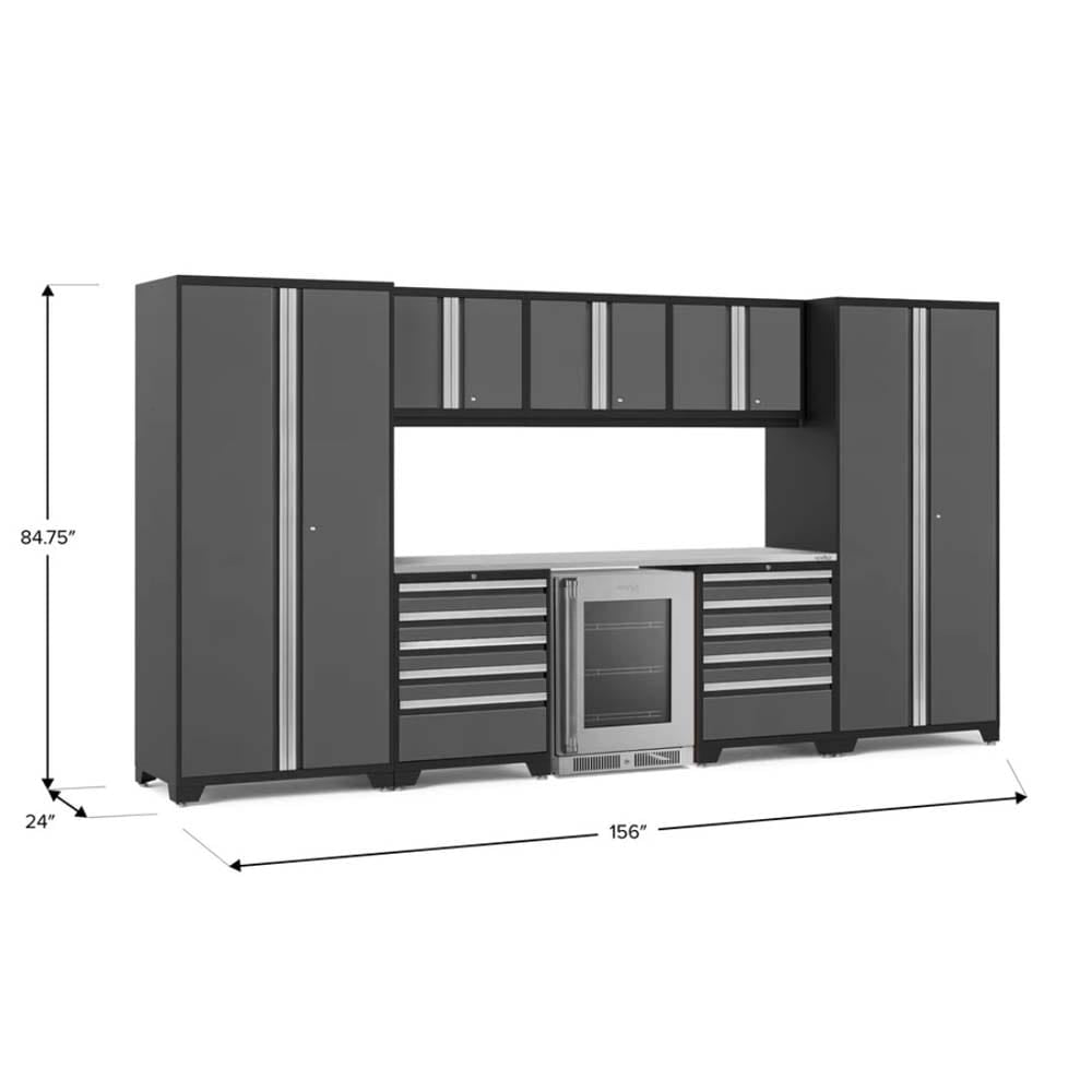 Modular Garage Cabinet System With Integrated Drawers Tall Cabinets Overhead Storage And A Built-In Beverage Cooler