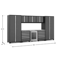 Modular Garage Cabinet System With Integrated Drawers Tall Cabinets Overhead Storage And A Built-In Beverage Cooler