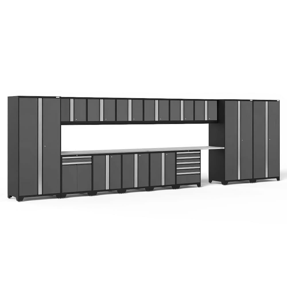 Modular Garage Cabinet System With Overhead Storage Base Units Tall Lockers And A Spacious Worktop