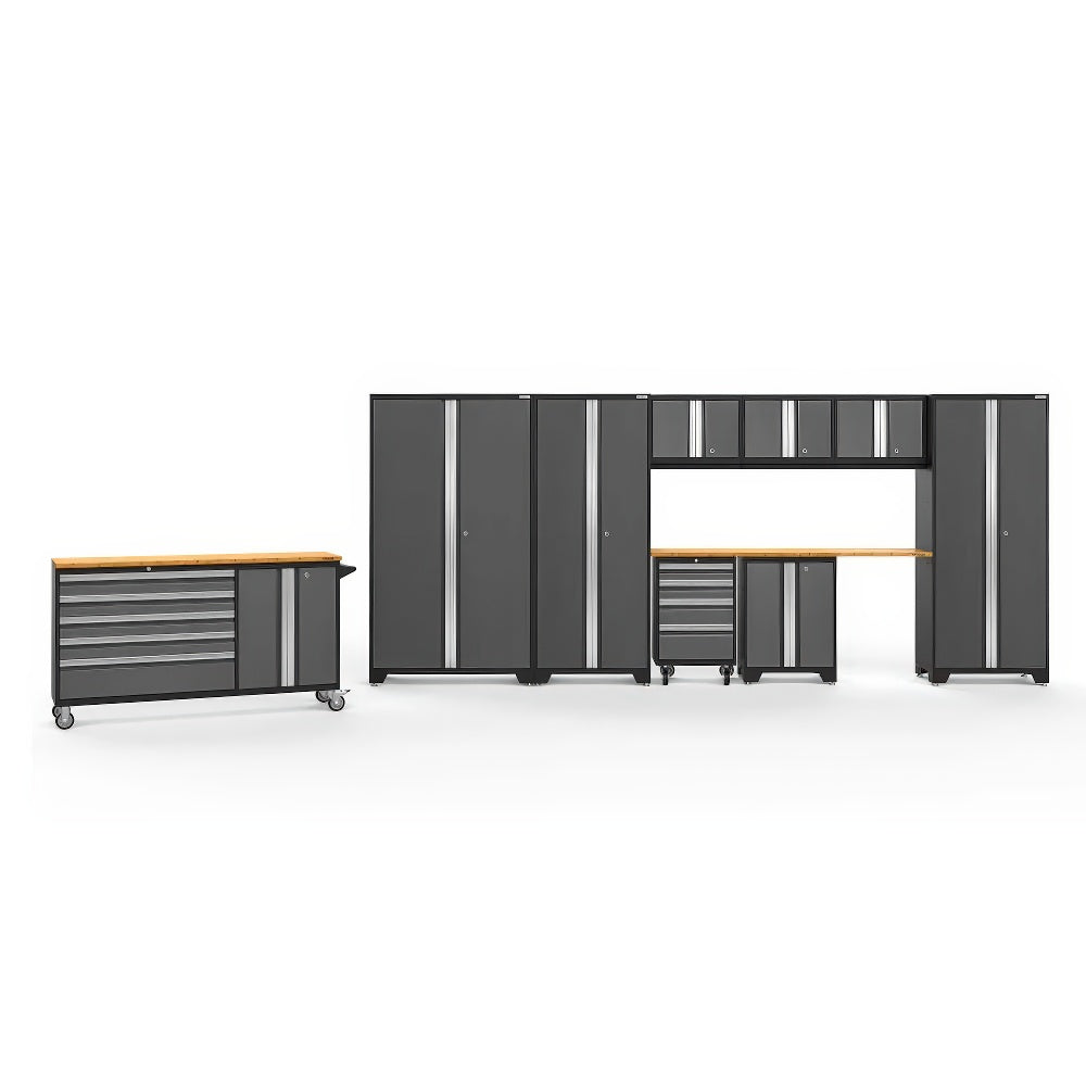 Modular Garage Cabinet System With Tall Lockers Wall-Mounted Upper Cabinets Wood Worktops A Mobile Drawer Chest And A Rolling Tool Cabinet With Silver Handles