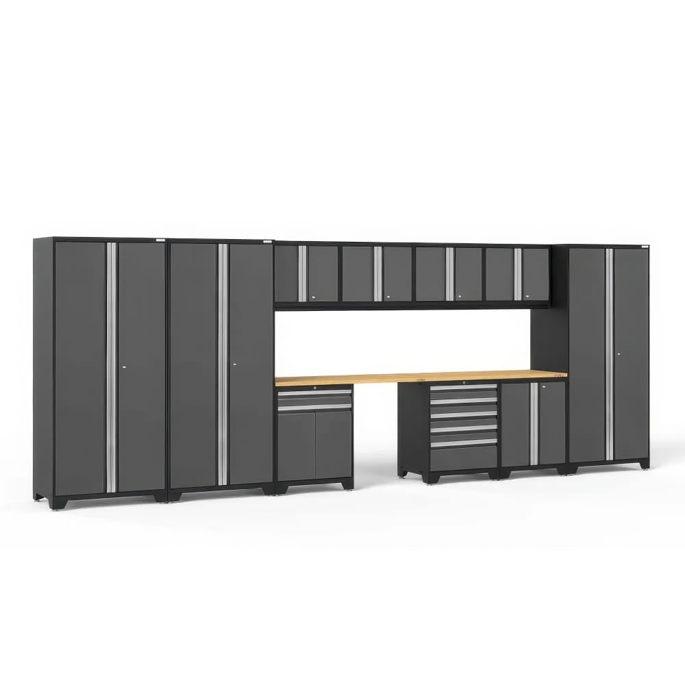 Modular Garage Cabinet System With Two Tall Lockers Wall Cabinets Wood Worktop And Center Drawer Bank