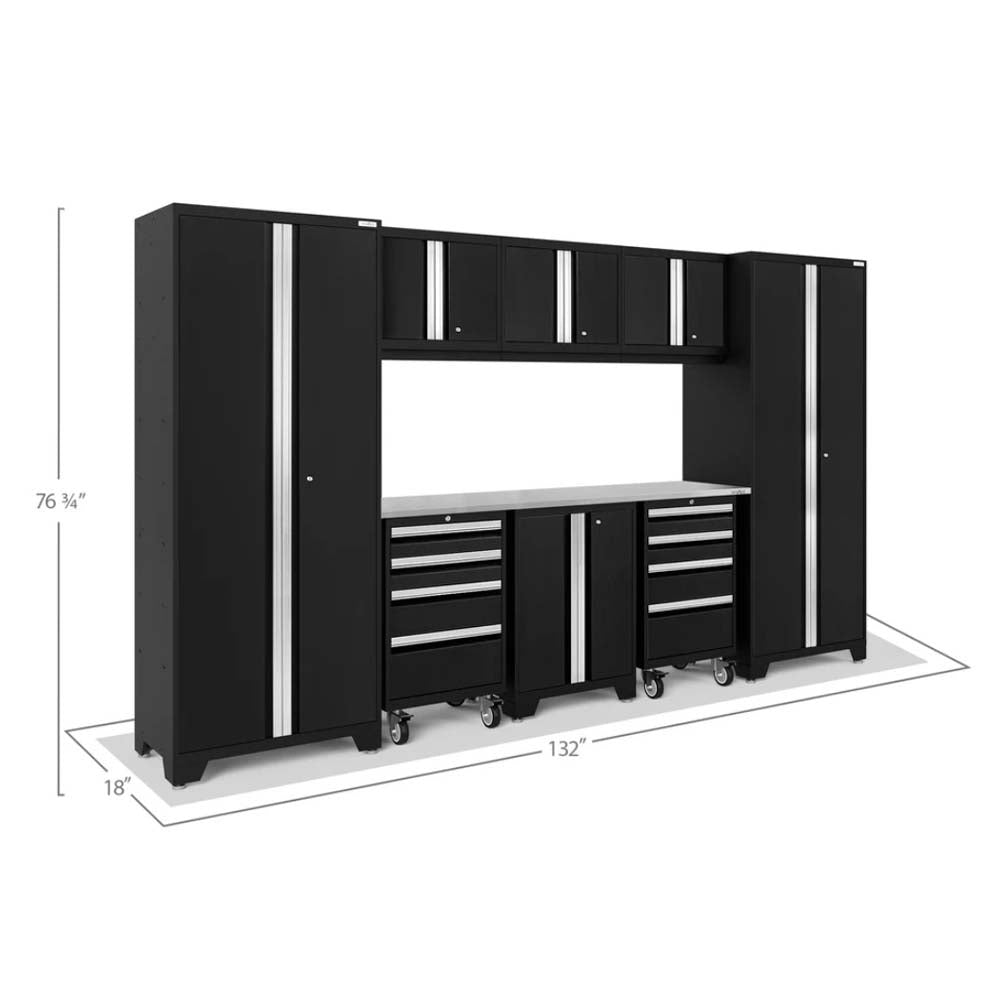 Modular Garage Storage System With Labeled Dimensions 77.25 Inches High 108 Inches Wide And 18 Inches Deep