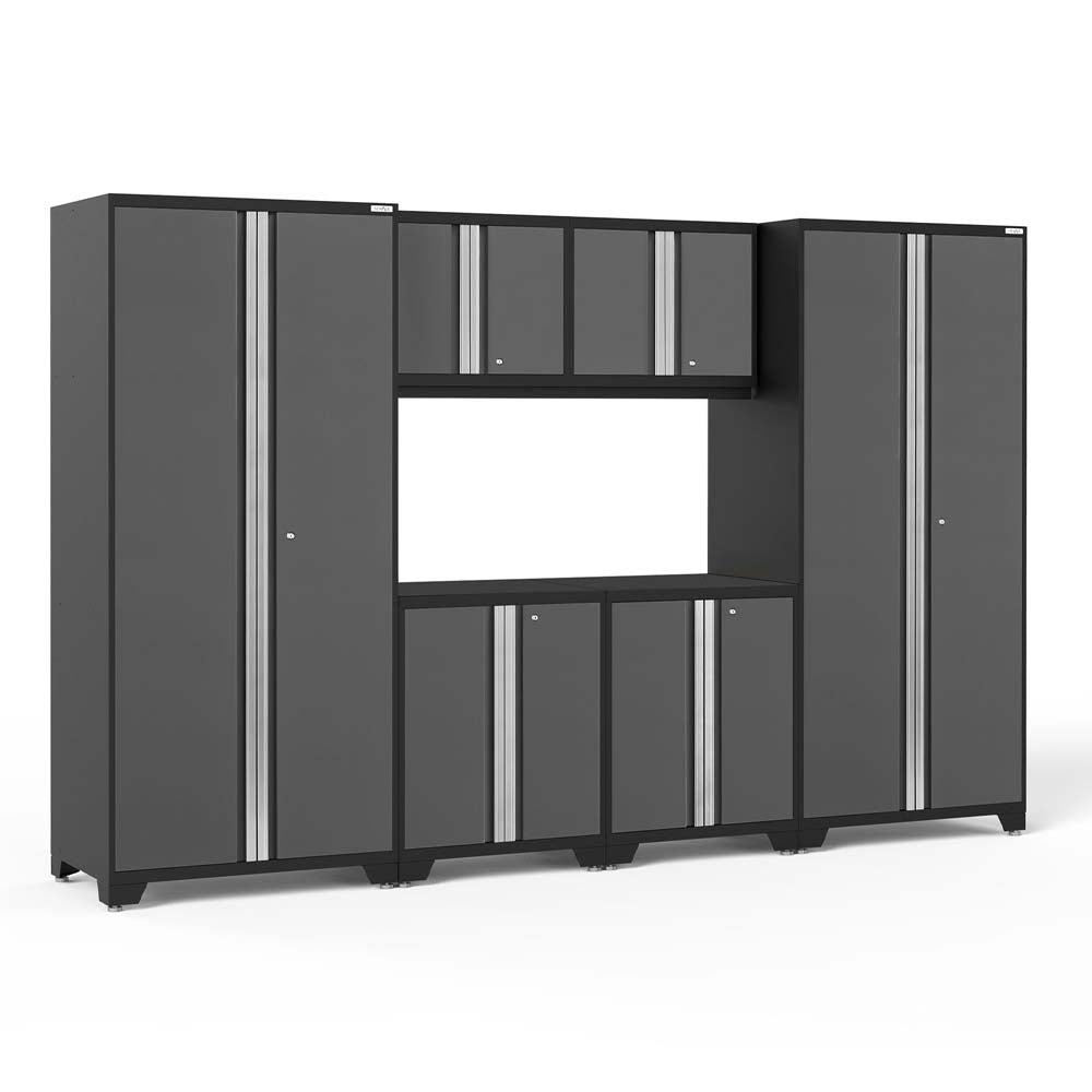 Modular Garage Storage System With Two Tall Wardrobe Cabinets Four Small Overhead Units And Four Base Cabinets Framing An Open Center Bay