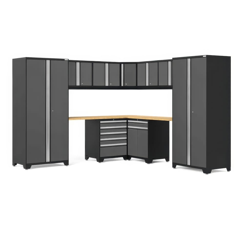 Modular L-Shaped Garage Cabinet Set With Two Tall Towers Overhead Wall Cabinets A Corner Wood Worktop And Base Drawer And Door Units
