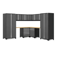 Modular L-Shaped Garage Cabinet Set With Two Tall Towers Overhead Wall Cabinets A Corner Wood Worktop And Base Drawer And Door Units