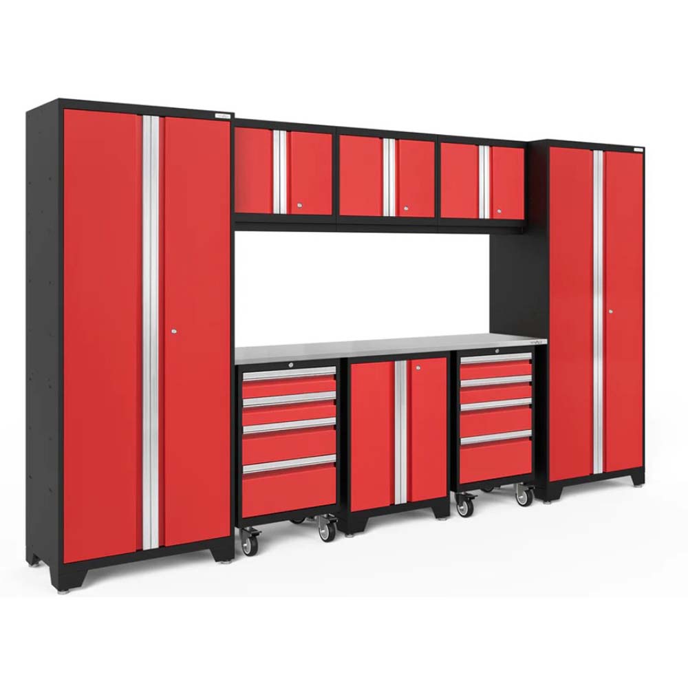Modular Red And Black Garage Storage System With Tall Cabinets Upper Wall Cabinets Drawer Units On Caster Wheels And A Central Stainless Steel Work Surface