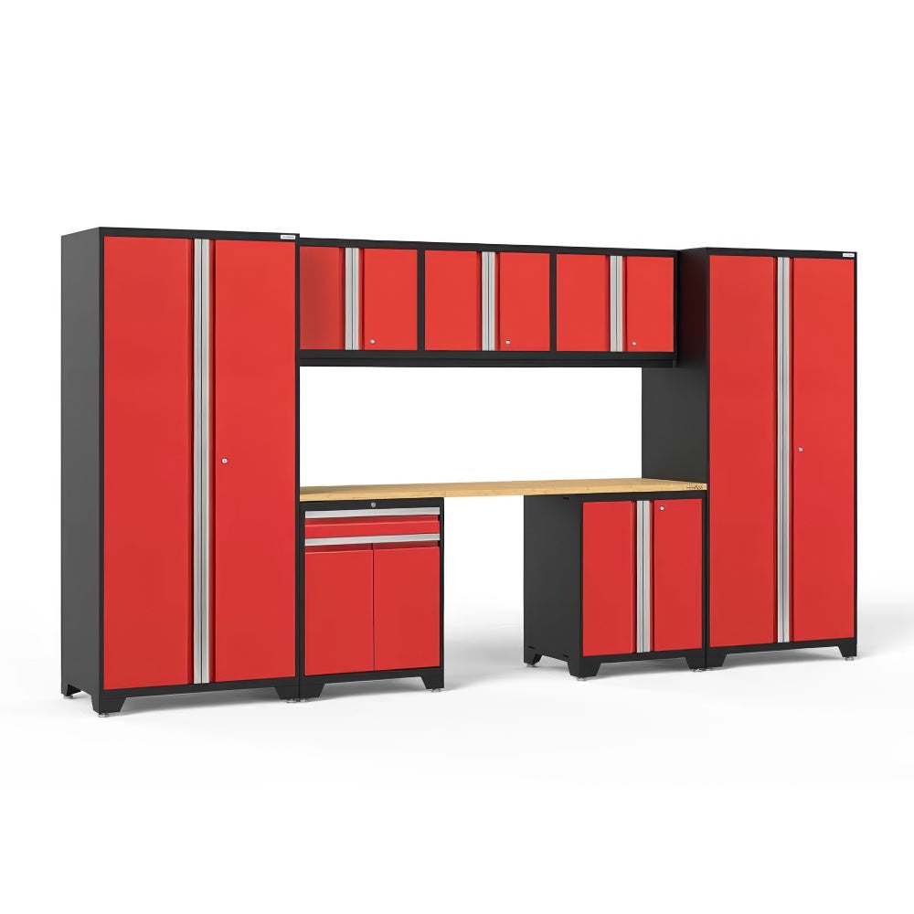 Modular Red And Black Garage Storage System With Tall Lockers Overhead Cabinets Wood Worktop And Base Drawer Cupboards
