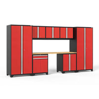 Modular Red And Black Garage Storage System With Tall Lockers Overhead Cabinets Wood Worktop And Base Drawer Cupboards