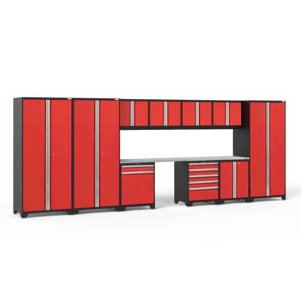 Modular Red Garage Cabinet System With Tall Wardrobes Overhead Wall Units Worktop And Tool Drawers