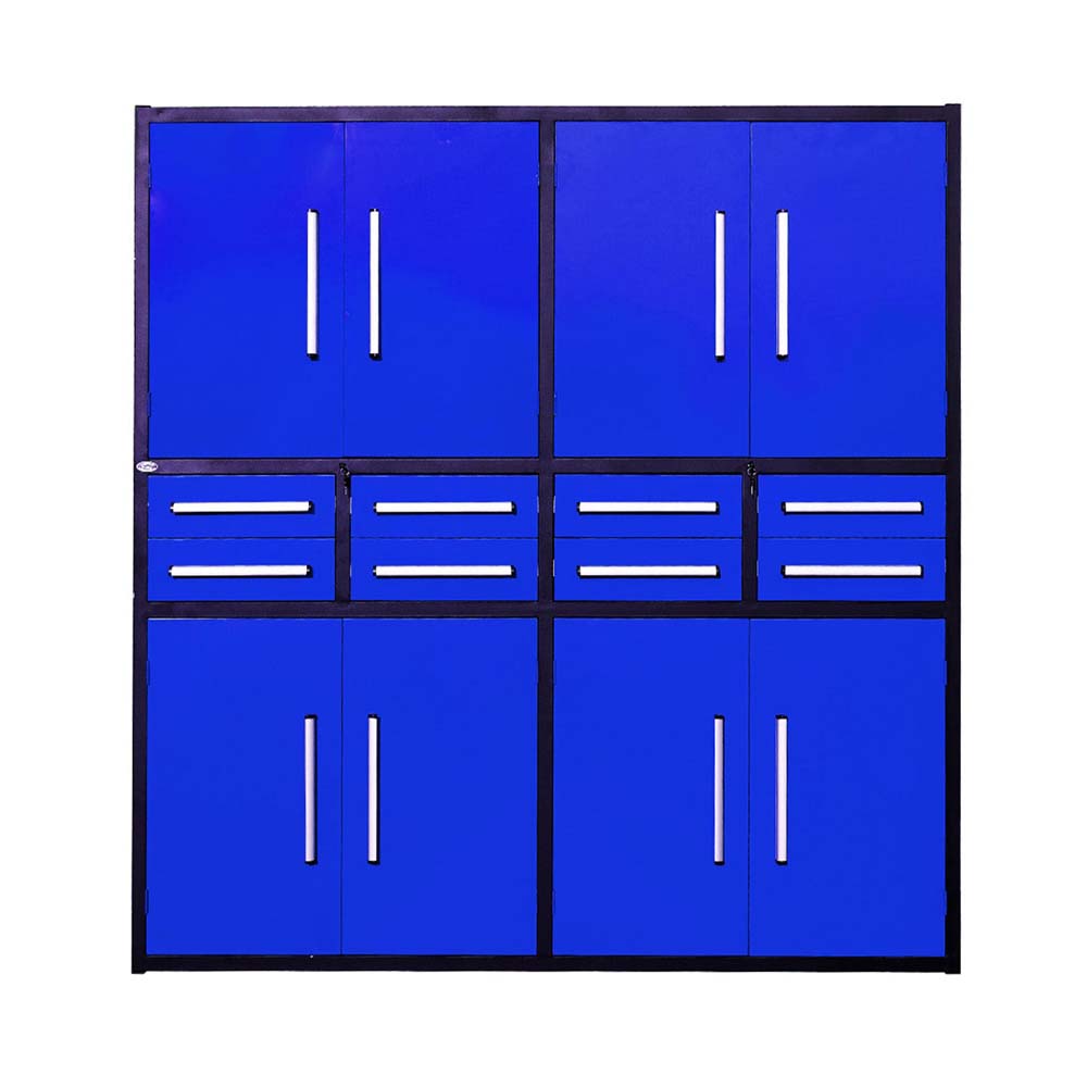 Modular Storage Cabinet Featuring Four Double Doors And Four Center Drawers With Silver Handles