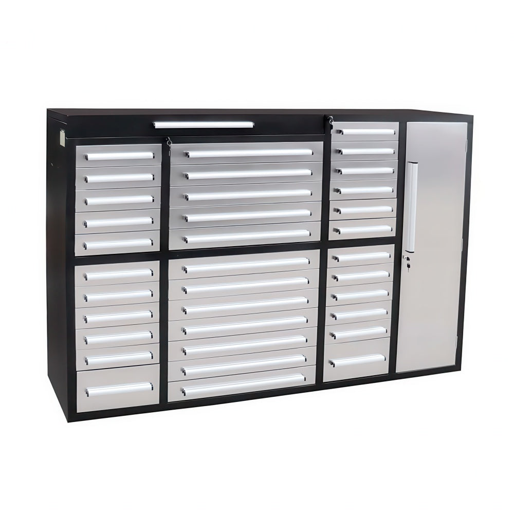 Modular Tool Storage Cabinet With Multiple Silver Drawers And A Tall Locking Side Door