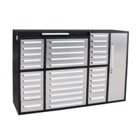 Modular Tool Storage Cabinet With Multiple Silver Drawers And A Tall Locking Side Door