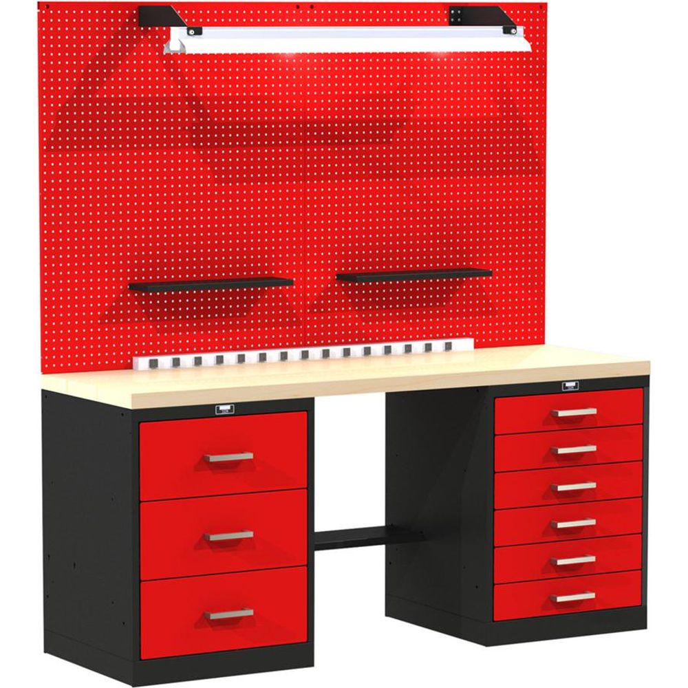 Modular Workbench System 72 Inch With Wood Top By Hallowell Features A Sturdy Wooden Topped Desk With Multiple Red Drawers