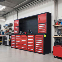 Modular Workbench System With Many Drawers Upper Cabinets And A Center Pegboard