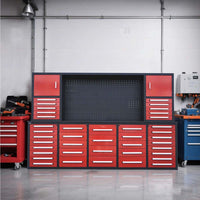Modular Workstation With Many Drawers Upper Cabinets And A Center Pegboard