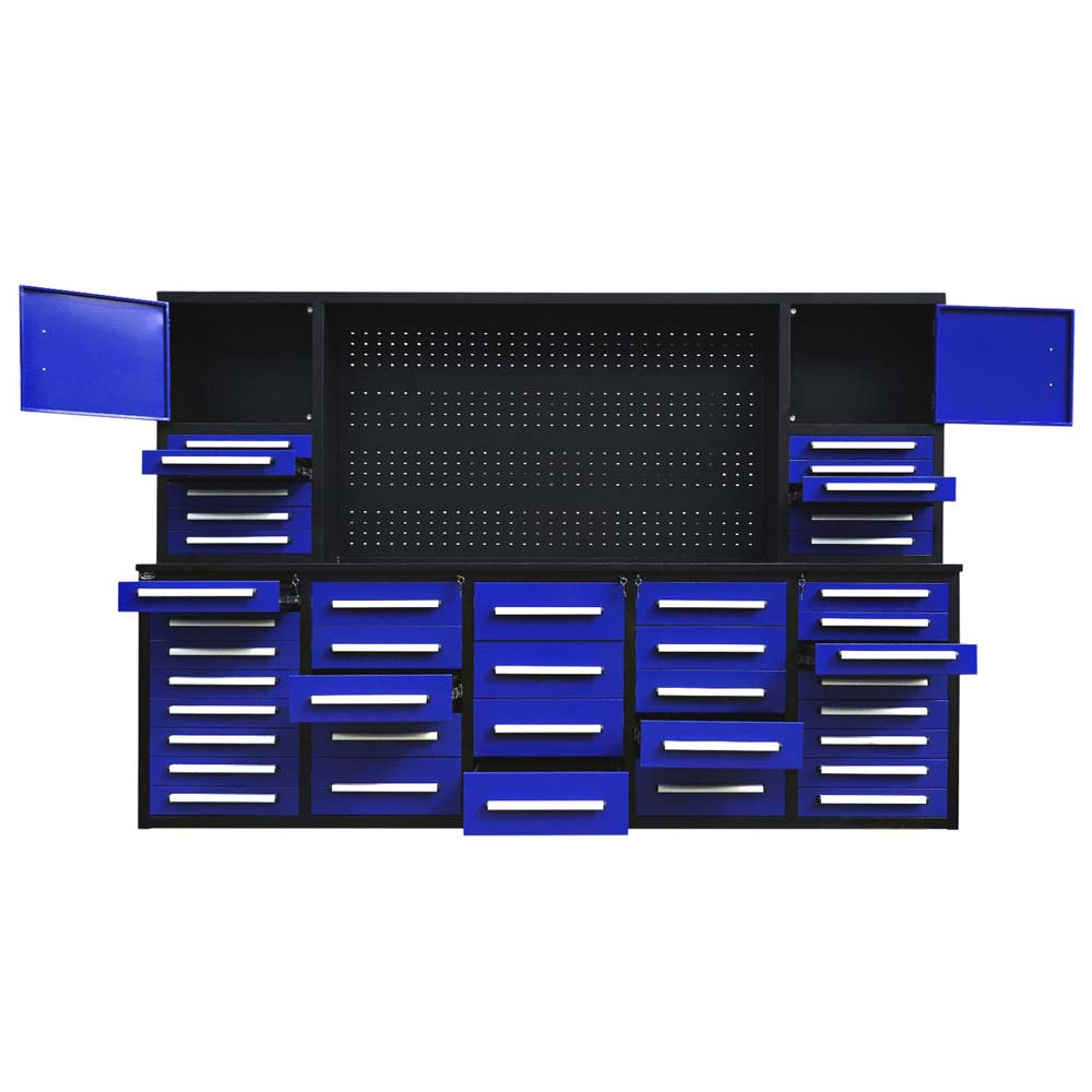 Modular Workstation With Upper Doors Open A Center Pegboard