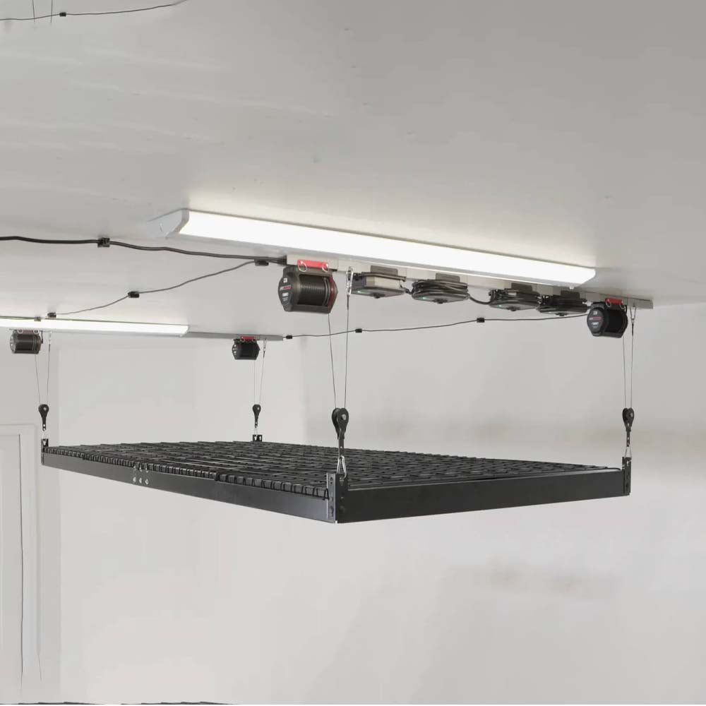 Motorized Storage Platform Of Overhead Hoist System By SmarterHome Hanging From The Ceiling