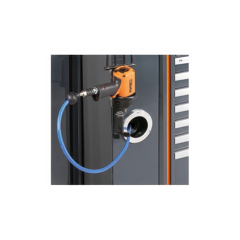 Mounted Orange Beta Air Tool With A Blue Pneumatic Hose Attached To A Dark Gray Workbench Service Panel