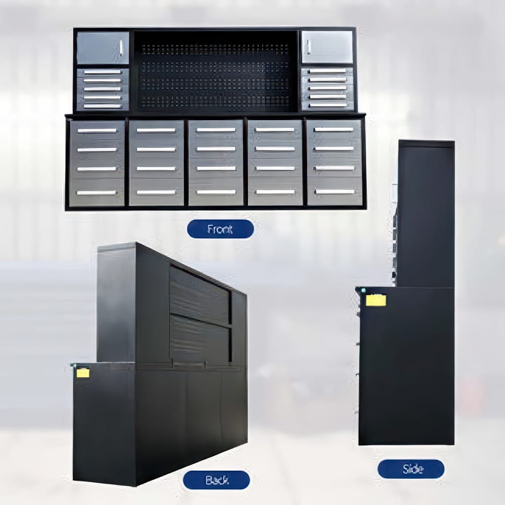Multi_Angle_Product_Display_Shows_The_Front_Back_And_Side_Views_Of_A_Black_And_Silver_Modular_Garage_Cabinet_System