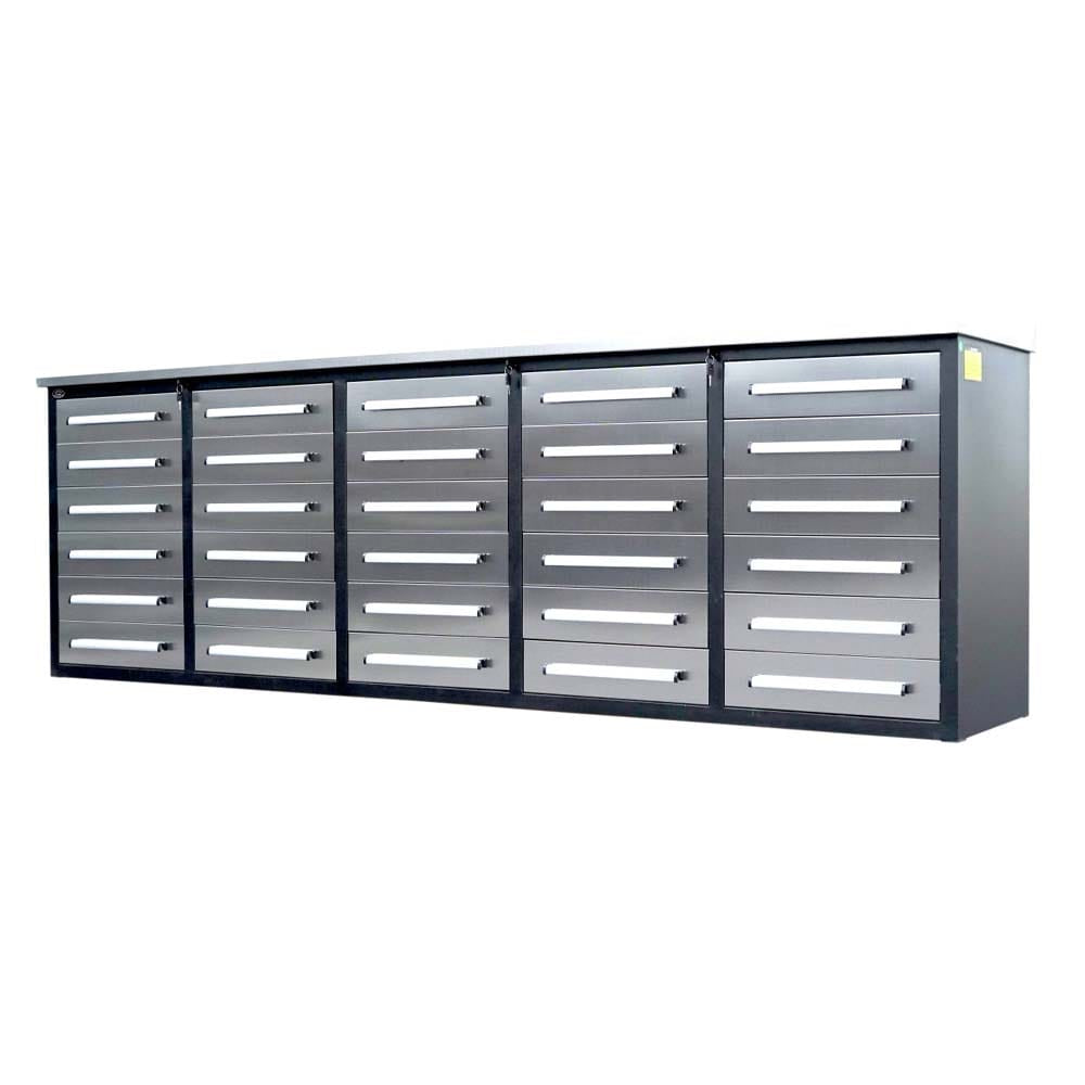 Multi Drawer Workbench Cabinet With A Black Frame And Silver Bar Handles