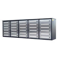 Multi Drawer Workbench Cabinet With A Black Frame And Silver Bar Handles