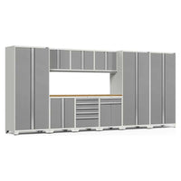 NewAge 10 Piece Garage Cabinet Set Pro 3.0 Series With 3X Multi Use Lockers With Multiple Grey Cabinets Drawers And A Wooden Countertop