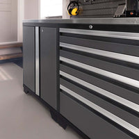 NewAge 10 Piece Garage Set Pro 3.0 With Multi Use Lockers Featuring A Dark Gray Cabinet With Multiple Drawers With Silver Handles