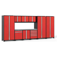 NewAge 10 Piece Garage Set Pro 3.0 With Multi Use Lockers With A Combination Of Tall Cabinets Overhead Cabinets And Lower Drawer Units