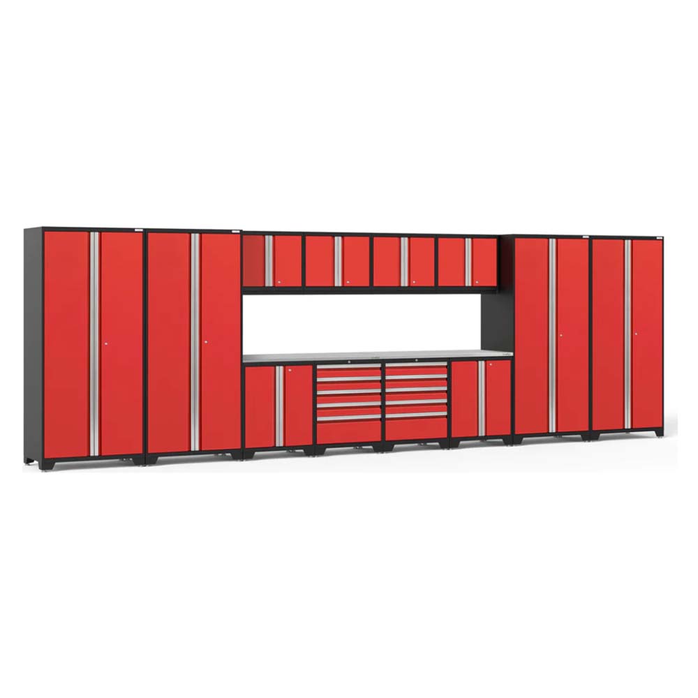NewAge 14 Piece Garage Cabinet Set Pro 3.0 Series Featuring Multiple Red Cabinets With Silver Handles