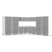 NewAge 16 Piece Garage Cabinet Corner Set Pro 3.0 Series Featuring Tall Cabinets, Upper Cabinets, And A Combination Of Drawers And Lower Cabinets