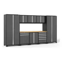 NewAge 2 Piece Set With Project Center And 42 In. Locker Featuring A Combination Of Tall Cabinets, Overhead Cabinets, And A Workbench With A Wooden Top