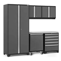 NewAge 6 Piece Garage Cabinet Set Pro 3.0 With Utility Cart Featuring A Tall Cabinet, Wall Mounted Cabinets, A Rolling Cabinet, And A Drawer Unit