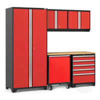 NewAge 6 Piece Garage Storage Set Pro 3.0 Series With Utility Cart Consisting Of A Tall Cabinet, Overhead Cabinets, Wheeled Cabinet, And Workbench