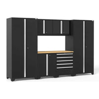 NewAge 7 Piece Garage Cabinet Set Pro 3.0 Series Featuring Tall Cabinets, Wooden Workbench, Upper Storage Cabinets, And A Set Of Drawers