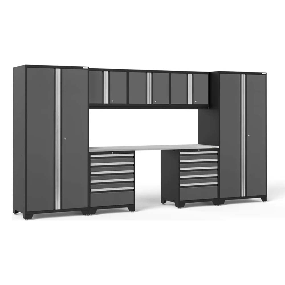 NewAge 8 Piece Garage Cabinet Set Pro 3.0 With 2X 5 Drawer Tool Cabinets Featuring Tall Side Cabinets, Overhead Cabinets, And Workbench