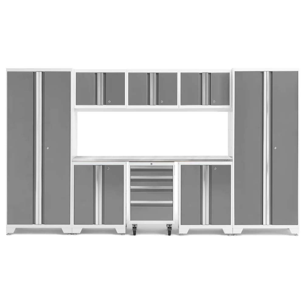 NewAge 9 Piece Cabinet Featuring A Combination Of Tall Cabinets Wall Mounted Cabinets, A Workbench, And A Rolling Drawer