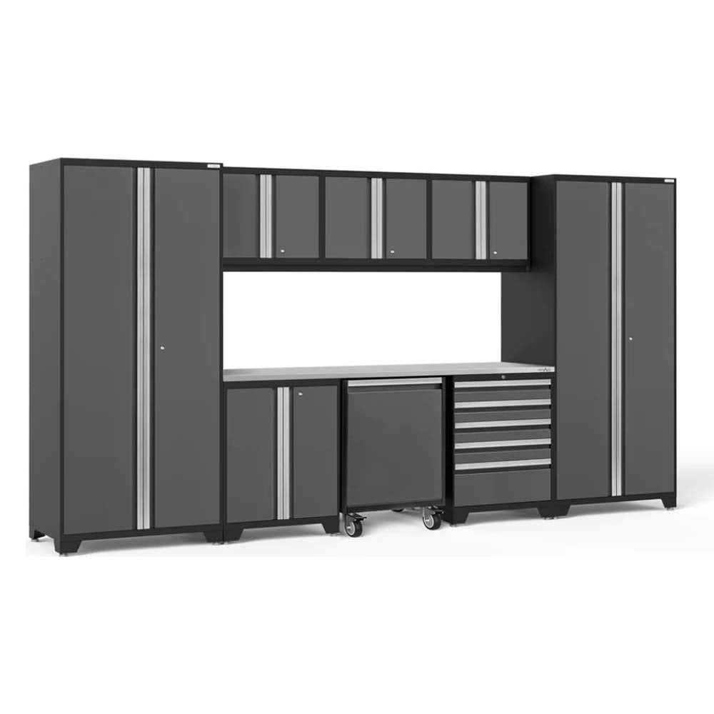 NewAge 9 Piece Garage Cabinet Set Pro 3.0 Series With Utility Cart Featuring Tall Cabinets, Upper Cabinets, And A Central Workbench