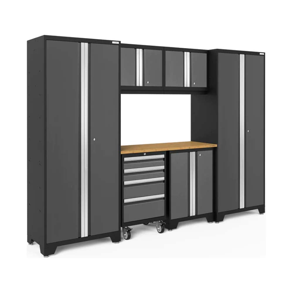 NewAge Bold 3.0 Series 7 Piece Garage Cabinet Set Featuring Two Tall Cabinets, Three Upper Cabinets, And A Wooden Workbench