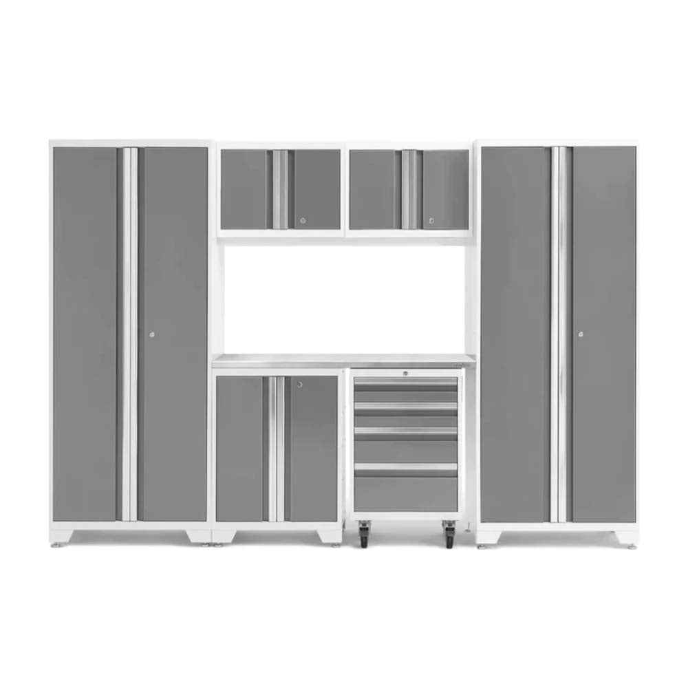 NewAge Bold 3.0 Series 7 Piece Garage Cabinet Set In A Platinum And Stainless Steel Finish