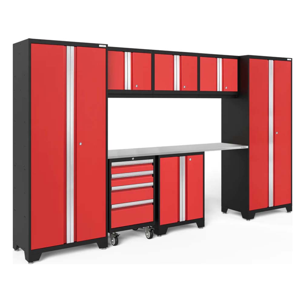 NewAge Bold 8 Piece Cabinet Set Featuring Red Cabinets With Black Frames