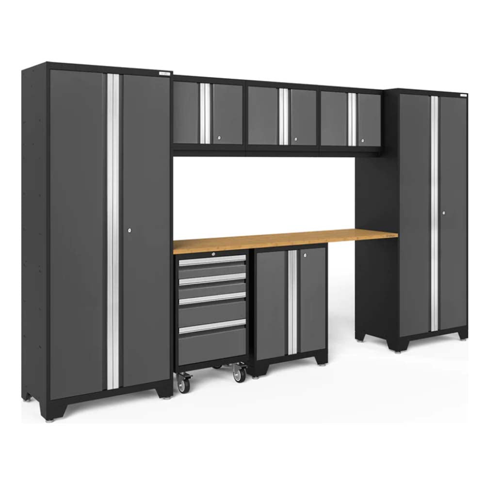 NewAge Bold 8 Piece Cabinet Set Featuring Tall Cabinets And A Wooden Workbench