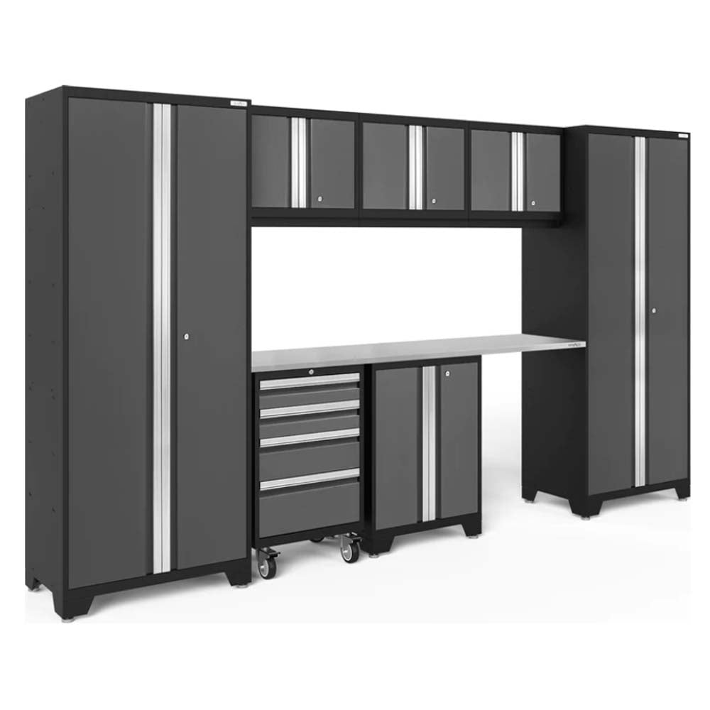 NewAge Bold 8 Piece Cabinet Set Featuring Two Tall Cabinets And A Central Workbench