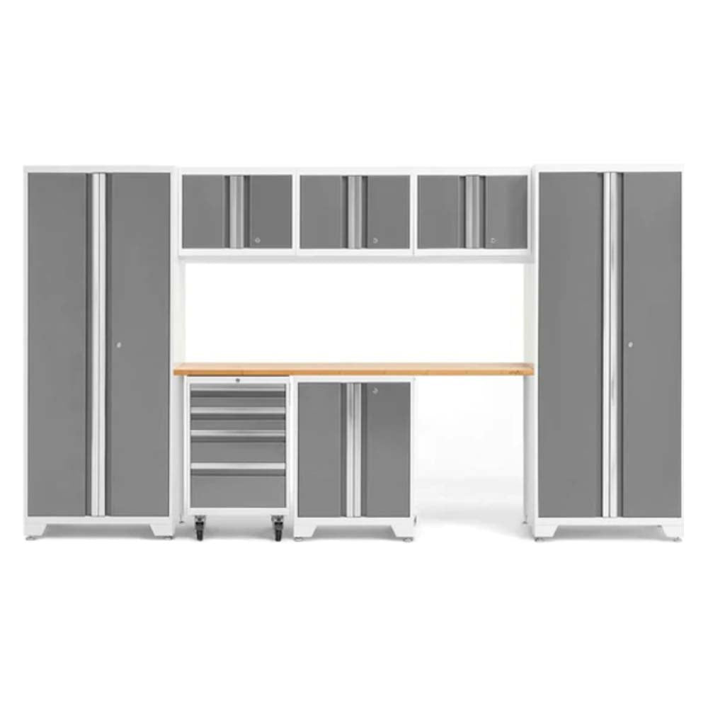 NewAge Bold 8 Piece Cabinet Set Featuring Two Tall Cabinets And Wooden Workbench In The Center